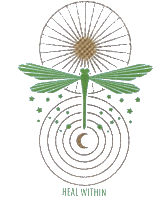 Soma Ease emblem with a gold sun, green dragonfly, stars, concentric rings, crescent moon, and the words Heal Within